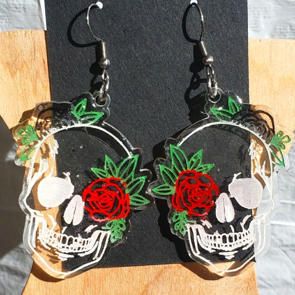 Clear Skull Earrings with Roses/Resin Jewelry/Stainless Steel Hooks - Picture 1 of 4